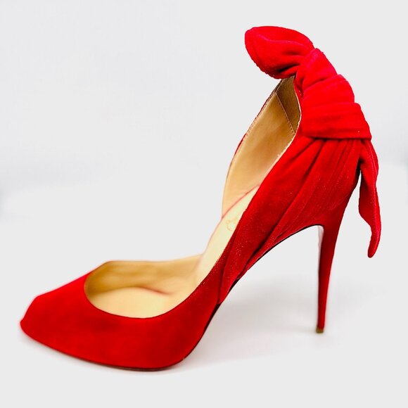 Christian Louboutin Barbara 100 Red Suede Peep Toe Bow Heels | Size 6 - Picture 4 of 5